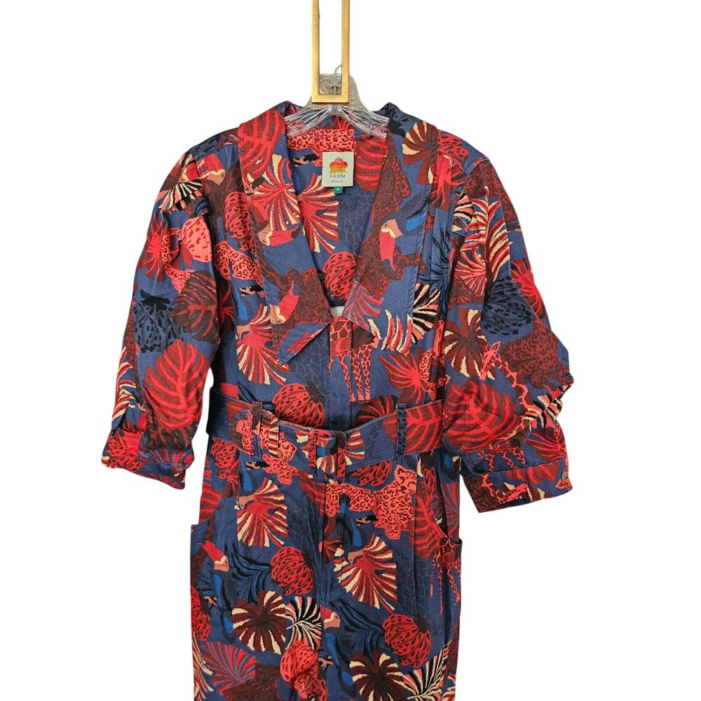 Farm Rio Navy Red Animals Tapestry Canvas Belted Jumpsuit Size Medium - Picture 6 of 16
